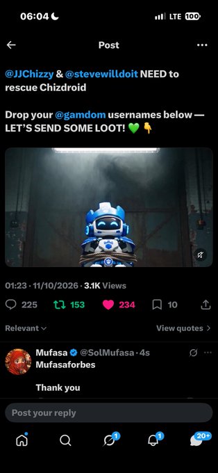 A screenshot of a social media post titled "Post" asking to rescue Chizdroid, featuring an image of a small blue and white robot, with 3.1K views and a reply from Mufasa saying "Thank you".