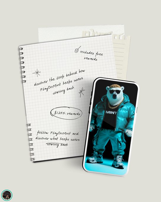 A promotional graphic featuring a spiral notebook and smartphone displaying a bear mascot in teal streetwear with 'MINT' on its shirt, advertising free rewards and $125K rewards for following PlayOnMint.