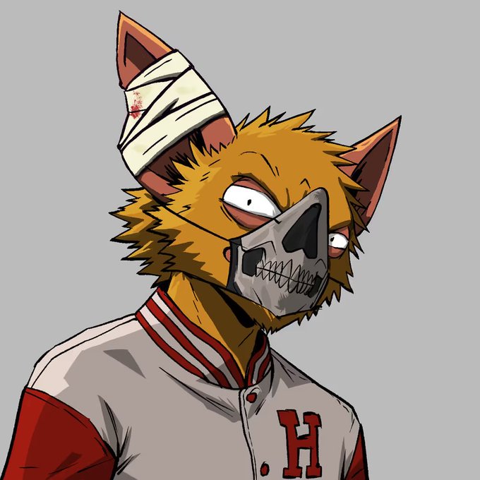An anthropomorphic fox character with a skull-like mask and one bandaged ear wears a white baseball jersey with an "H" logo.