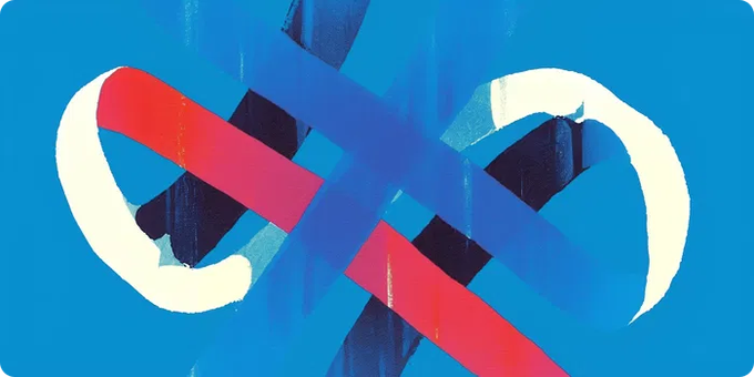 The image features an abstract painting with blue, red, and white colors that are arranged in a diagonal pattern across a canvas. The painting has a unique design where two lines cross each other at the center of the artwork, creating a sense of balance and symmetry. This artistic composition is set against a blue background, which further accentuates its visual impact.