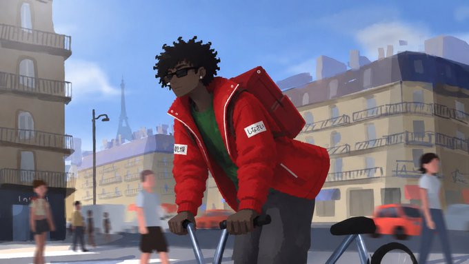 An animated illustration of a young person with curly hair in a red jacket with a 'LASCH' patch riding a bicycle through a city street, with the Eiffel Tower visible in the background.