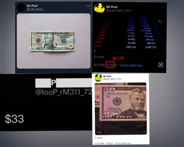 Telegram messages from "Mr Pool" displaying images of $100 bills, one with a clown face drawn on it and another with an older man's face, listed for $33 and watermarked with @loop_rM311_72.