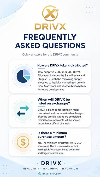 A DRIVX FAQ infographic answering questions about token distribution (7 billion total supply), exchange listings, and a $10 minimum purchase amount, with the tagline 'REAL UTILITY. REAL IMPACT. REAL FUTURE.'