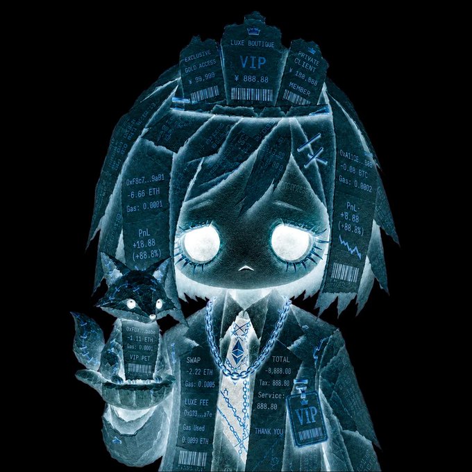A dark, surreal digital illustration of a girl with glowing eyes surrounded by floating cryptocurrency transaction receipts labeled 'VIP', 'EXCLUSIVE', and 'PRIVATE CLIENT'.