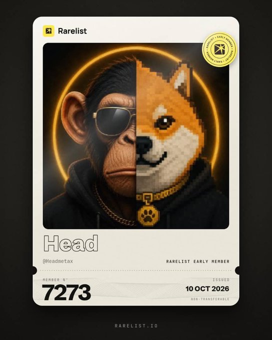A 'Rarelist' membership card showing member number 7273 (@Headmetax) with an image of a monkey wearing sunglasses, whose face is half-transformed into pixel art style with an orange dog/fox character, issued on 10 OCT 2026.