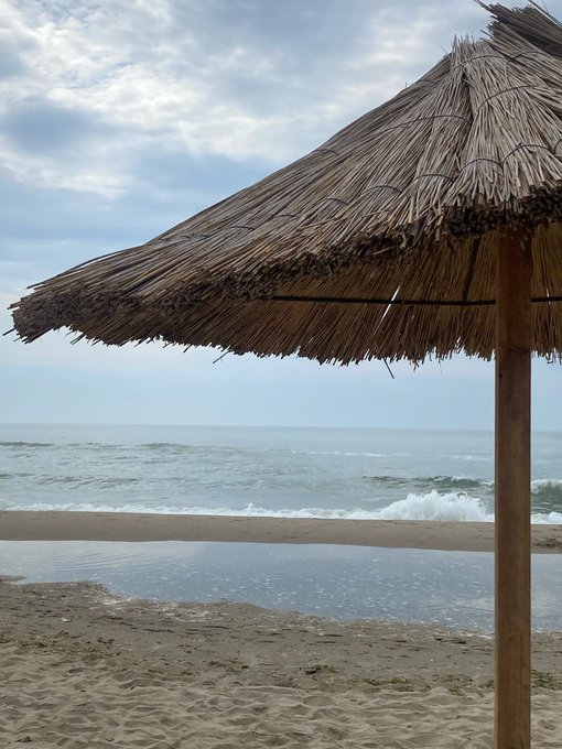 Beach scene photograph showing a thatched umbrella in the foreground with ocean waves and a cloudy sky in the background.