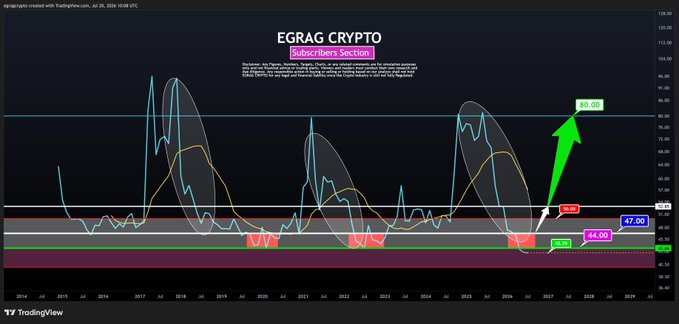 A TradingView chart titled "EGRAG CRYPTO Subscribers Section" displaying XRP's RSI indicator with key levels marked at 44.00 and 47.00, showing the current RSI around 42.7 and projecting a potential move toward the 80.00 zone. Three historical "YES" buy signals are highlighted at prior cycle lows, suggesting the 44 RSI level as a critical macro reclaim zone for bullish confirmation.