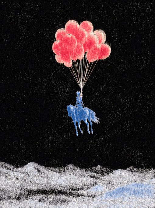 An artistic illustration of a blue figure riding a horse suspended by red balloon-like parachutes over a grayscale mountainous landscape.