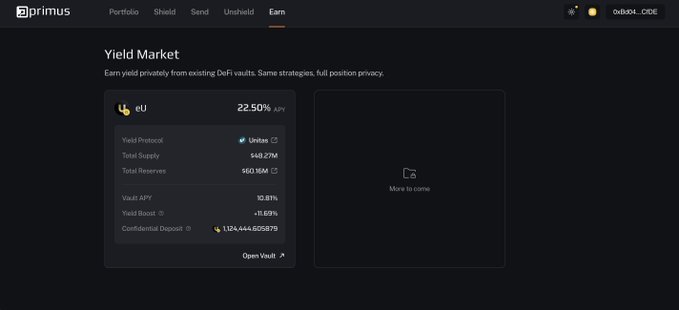 The image shows Primus's Yield Market dashboard featuring a "Confidential Vault" for ℏEU (eUS) with a 22.50% APY, total supply of 149.27M, and a confidential deposit of 1,124,446.605879 displayed for the wallet ending in 0x6b...DBE. This illustrates the post's point about DeFi privacy by demonstrating a yield strategy where the user's position size remains hidden onchain, unlike typical transparent DeFi vaults.