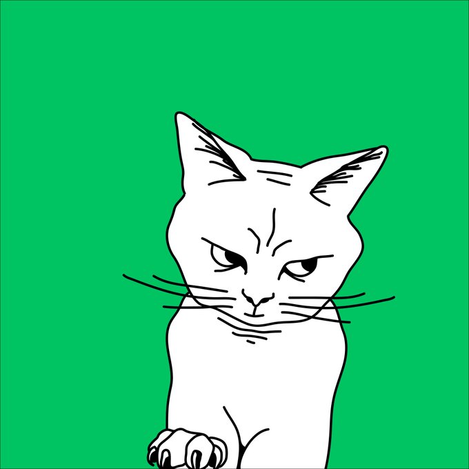 A simple line drawing of an angry-looking white cat with a grumpy expression set against a solid green background.