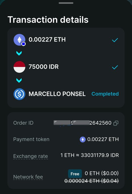 Transaction details screen showing a completed crypto-to-QRIS payment of 0.00227 ETH (≈75,000 IDR) to "MARCELLO PONSEL" with order ID ending in 2642560, free network fee, and an exchange rate of 1 ETH ≈ 33,031,179.9 IDR—visually confirming the user's claim of paying an Indonesian merchant via Bitget Wallet.