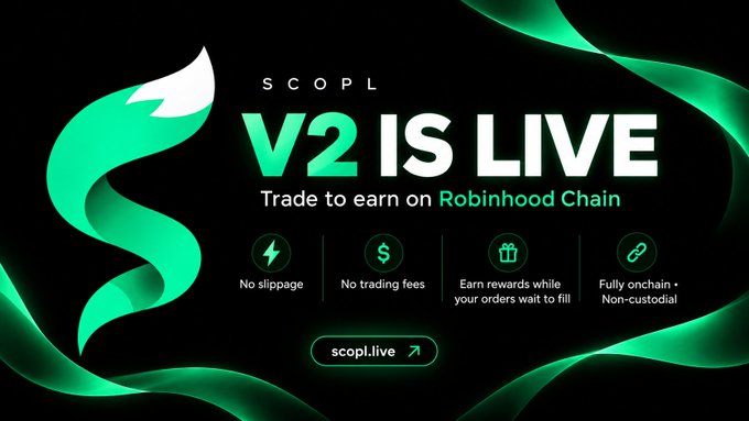 The image is a promotional graphic for "SCOPL V2 IS LIVE," featuring a stylized green fox logo and announcing that the platform is now live on the Robinhood Chain. It highlights key features: no slippage, no trading fees, earning rewards while orders wait to fill, and being fully onchain and non-custodial, with a call-to-action link to scopl.live.