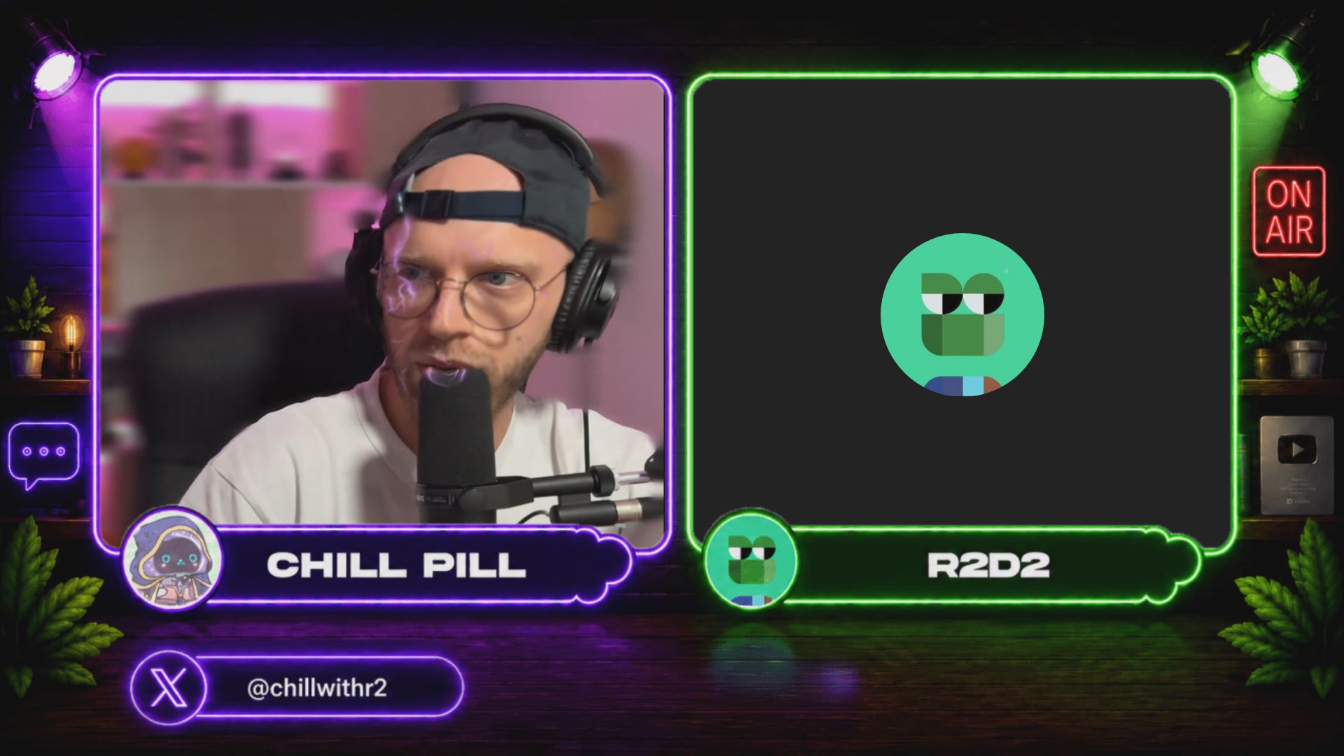 The image shows a man wearing headphones, sitting at a microphone with a green screen behind him displaying a cartoon character. The caption of the image reads "Chill Pill" and "R2D2". The post appears to be about an event or gathering where people are watching a cartoon character on the screen while others are present in the room.