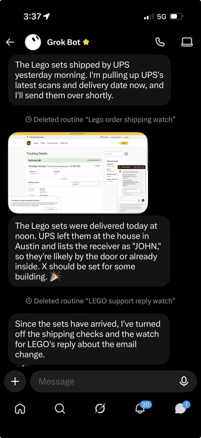 A screenshot of an X (Twitter) DM from "Grok Bot" showing updates about a Lego order being shipped and delivered, with the caption referencing Elon Musk's playful interest in Legos and gaming.