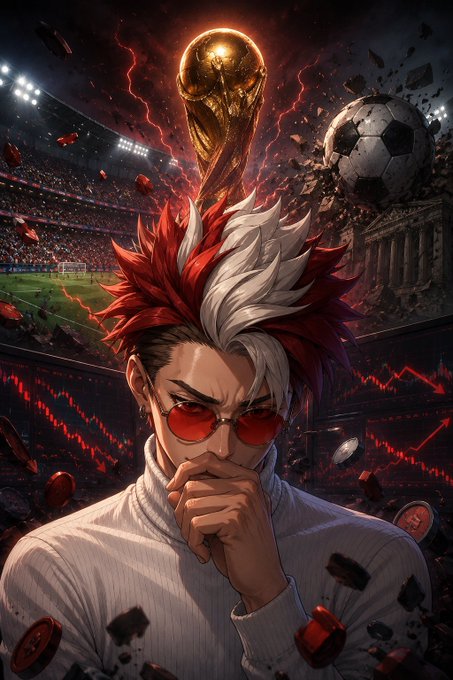 An anime-style digital illustration featuring a character with spiky red and white hair wearing red sunglasses, set against a dramatic background with a golden World Cup trophy, a soccer ball, lightning, and falling coins in a stadium.