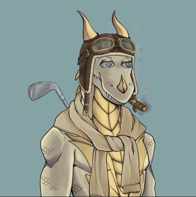 Digital illustration of an anthropomorphic dragon or reptilian character wearing a vintage aviator cap and goggles, smoking a cigar with a golf club strapped to its back.