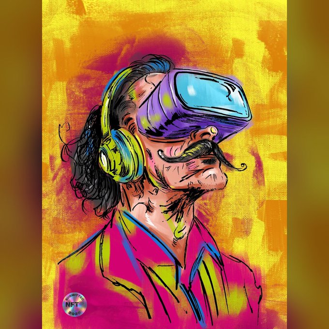 A vibrant digital painting of a man with a mustache wearing yellow headphones and futuristic purple VR goggles, marked 'NFT 2025' in the corner.