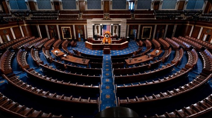 A wide interior view of the U.S. House of Representatives chamber, notably featuring an orange dog-like figure seated at the Speaker's podium in the center.
