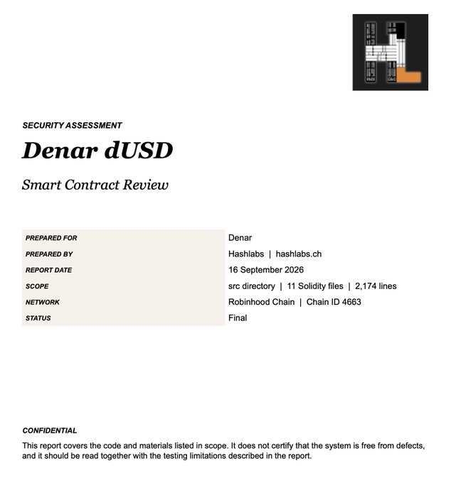The cover page of a 'Denar dUSD Smart Contract Review' security assessment prepared by Hashlabs, dated 16 September 2026 for the Robinhood Chain (Chain ID 4663).