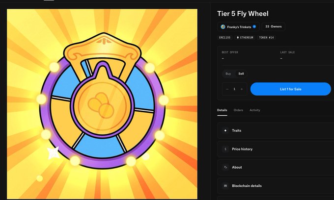A digital marketplace listing for "Tier 5 Fly Wheel," a Franky's Trinkets item priced in ETHEREUM and TOKEN, showing details, traits, price history, and blockchain information on the right panel.