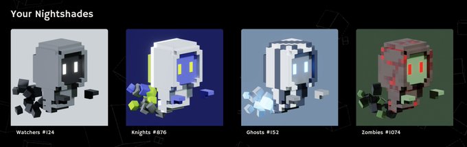 A screenshot from a video game or NFT collection titled 'Your Nightshades' displaying four voxel/blocky character models with different colored variants: Watchers #124, Knights #676, Ghosts #152, and Zombies #1074.