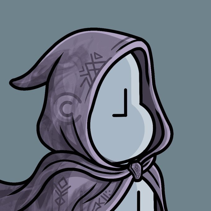 A cartoon illustration of a hooded figure in a purple cloak covered in mystical runic symbols, with a clock-like face and a crescent moon pendant at the neck.