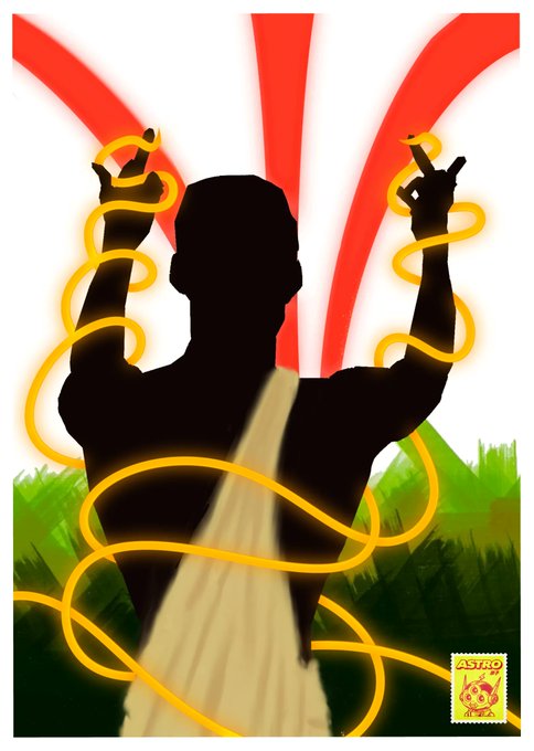 A black silhouette of a person with arms raised in peace signs, wrapped in flowing yellow ribbons, stands against a backdrop of red beams and green grass with an 'ASTRO' logo in the corner.