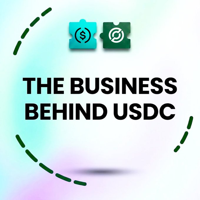 A graphic reading 'THE BUSINESS BEHIND USDC' with puzzle pieces representing the USDC logo and Circle's logo on a soft gradient background.