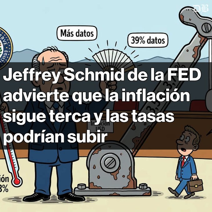 A cartoon illustration shows a sweating Federal Reserve official fanning himself with speech bubbles reading 'Más datos' and '39% datos', with overlaid text stating 'Jeffrey Schmid de la FED advierte que la inflación sigue terca y las tasas podrían subir'.