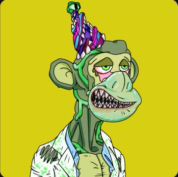 The image features a green, anthropomorphic ape character with a tired expression, wearing a twisted, multi-colored party hat and a white coat, set against a solid yellow background.