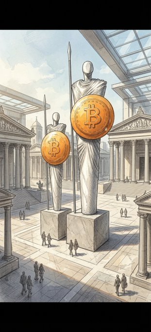 The image features two large statues of people holding golden coins, which are the main focus of the scene. There are also several other smaller figures scattered throughout the background. The artist's signature can be seen at the bottom right corner of the image. In the accompanying text, it is stated that the artist wants to create timeless art and inspire generations with their creations. This desire for timelessness is evident in the depiction of these statues and the overall composition of the artwork.