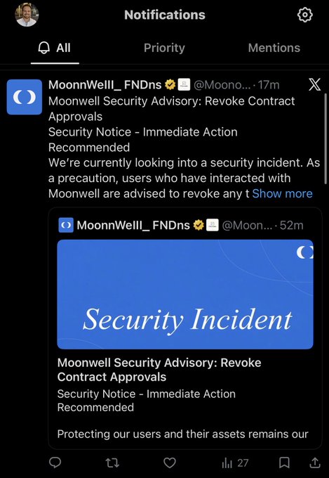 Twitter/X notifications screen showing Moonwell Security Advisory about revoking contract approvals due to a security incident.