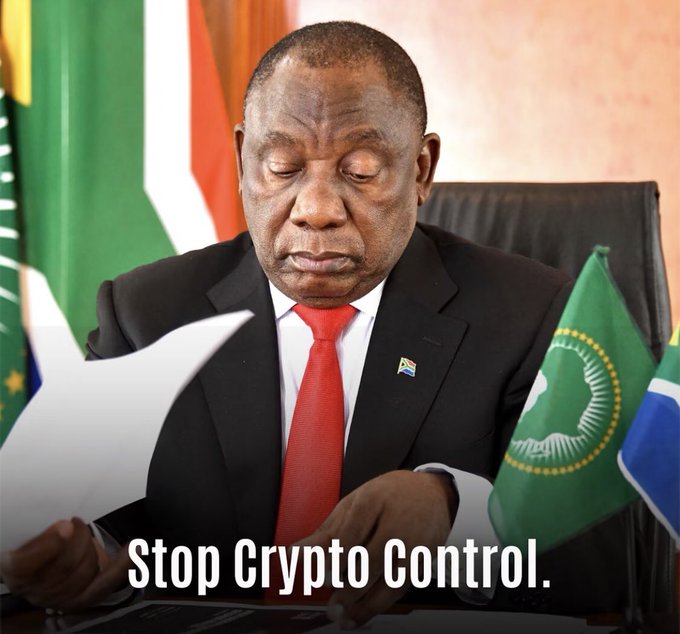 A man in a black suit and red tie appears to be reading a document with his eyes closed, with the South African flag visible in the background and the text 'Stop Crypto Control.' overlaid at the bottom.