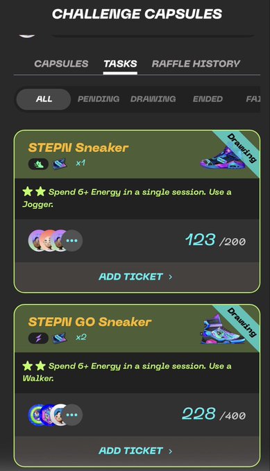 The image shows a mobile device screen that displays information about two challenges or tasks, which are related to the game "Stepn Go Sneaker". These challenges may involve collecting items, such as tickets, during gameplay for rewards. The screen also features an overview of what each challenge entails and where players can find the relevant items within the game to complete them successfully.