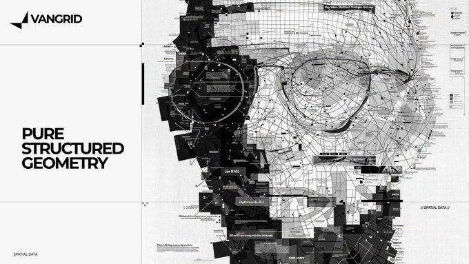 A black and white technical design poster titled 'VANGRID' with the text 'PURE STRUCTURED GEOMETRY' and 'SPATIAL DATA,' featuring a complex wireframe mesh of a human face.