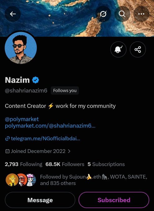A screenshot of an X (Twitter) profile page for "Nazim" (@shahriannazim6), a content creator describing himself as "work for my community" with 68.5K followers.