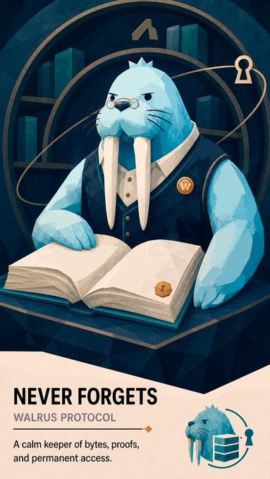 The image is a stylized trading card featuring an anthropomorphic walrus wearing glasses, a vest, and reading a book, with the text "NEVER FORGETS – WALRUS PROTOCOL – A calm keeper of bytes, proofs, and permanent access." This ties directly to the post by personifying the Walrus Protocol as a wise, detail-oriented keeper of data, reflecting its "Never Forgets" trading personality highlighted in the Astros Scan Trading DNA Card promotion.