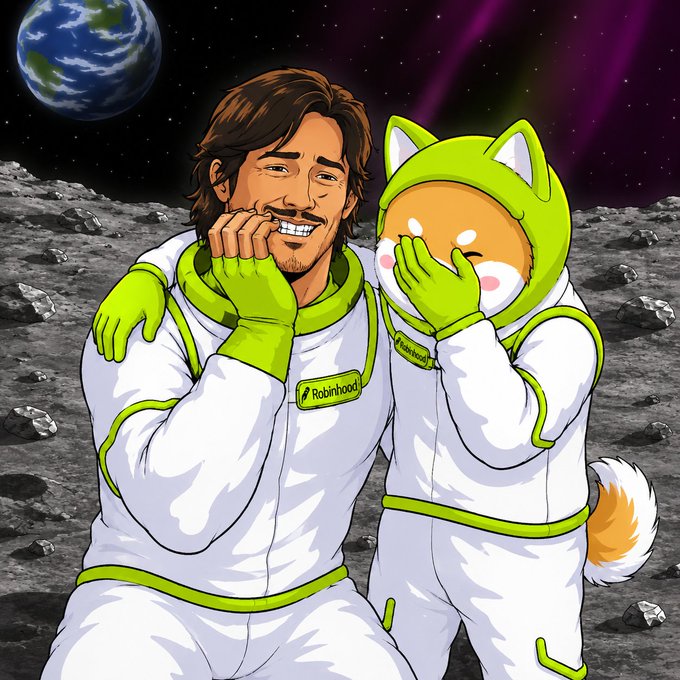 An illustrated man and a Shiba Inu dog wearing white and green Robinhood-branded spacesuits share a playful laugh on the moon's rocky surface, with Earth visible in the background—visually representing the post's "to the moon" excitement for the $ASTEROID token and its connection to the Robinhood chain.