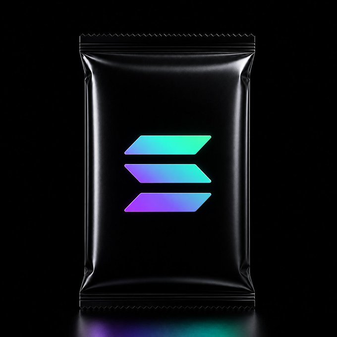 A sleek black foil packet featuring three stacked, gradient-colored parallelogram shapes (teal-to-purple) forms a stylized "S" logo, representing the Solana blockchain. The holographic, futuristic design visually echoes the post's "Infinite possibilities on Solana" message by conveying a modern, high-tech aesthetic associated with the platform.