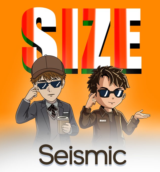A cartoon-style image with an orange background featuring the word 'SIZE' at the top and 'Seismic' at the bottom, depicting two characters in sunglasses and casual clothing.