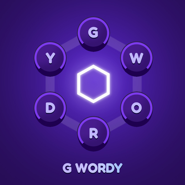 The image features a purple background with six circles of different sizes, each containing letters that spell out "G Wordy". The circles are arranged in a circular pattern, creating a sense of symmetry within the design. The text "G Wordy" is written in white at the bottom center of the image, and it appears to be a reference to a new web3 word puzzle experience called "G Wordy", which is related to the popular crypto-currency known as Bitcoin.