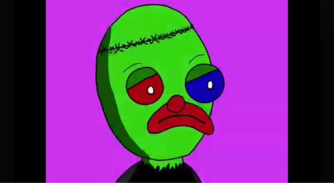 A cartoon illustration of a green zombie-like face with mismatched red and blue eyes, a sad red mouth, and visible stitched scars on the forehead, set against a bright purple background.