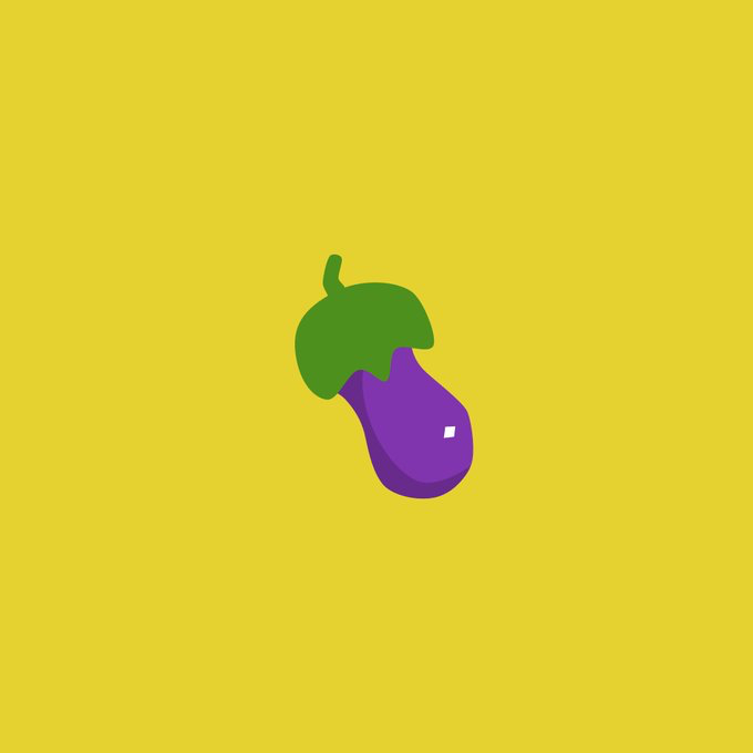 A simple digital illustration of a purple eggplant with a green leafy top on a bright yellow background.