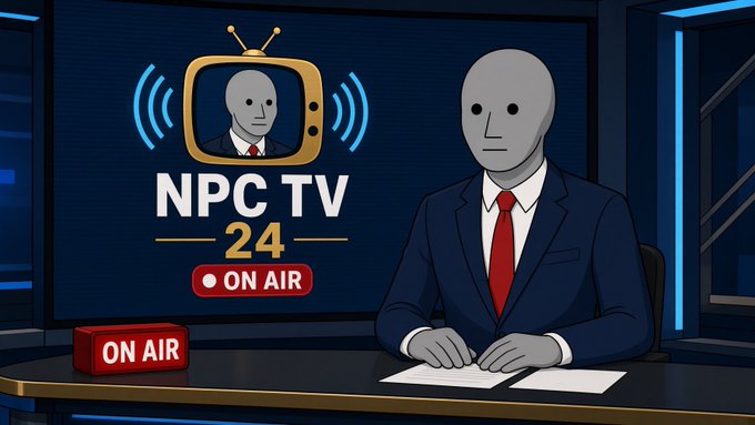 An illustrated news broadcast scene titled 'NPC TV 24 ON AIR' featuring a gray, faceless news anchor in a suit and red tie sitting at a desk, with a matching avatar on the screen behind him.