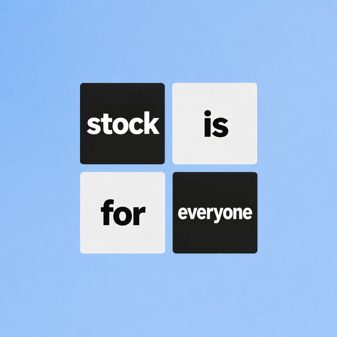 A minimalist stock photo-style image with four quadrants on a light blue background displaying the text 'stock is for everyone' in alternating black and white blocks.