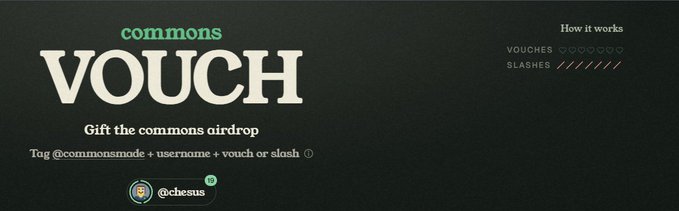 Digital graphic for a 'commons VOUCH' airdrop promotion with instructions to tag @commonsnode with a username plus a voucher or slash, attributed to @chesus.