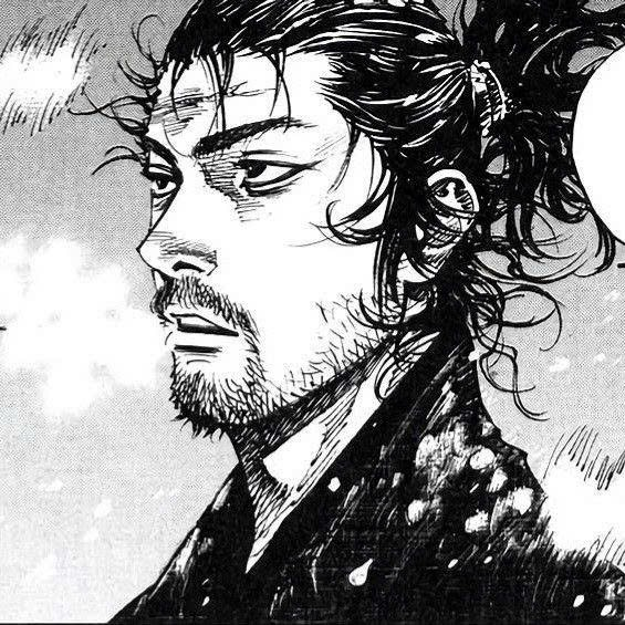 A black and white manga-style illustration of a rugged man with long curly hair tied back, a beard, and sharp features, looking off to the side in profile view.