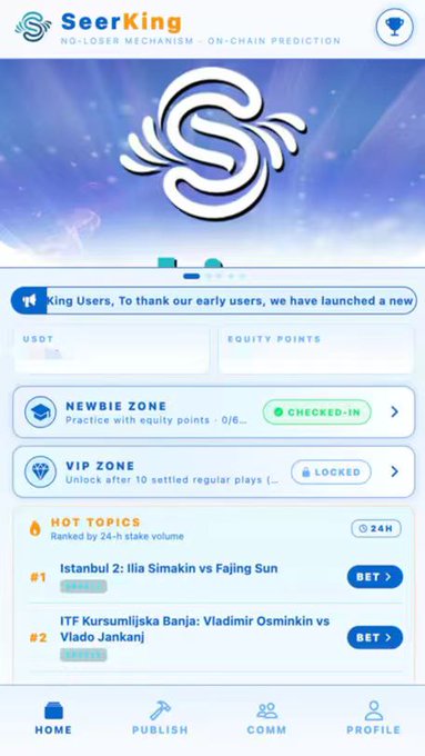 This image shows the SeerKing app home screen featuring a "Newbie Zone" promotion offering 100 USDT to new users, with sections for VIP Zone (locked until 10 plays), and "Hot Topics" rankings led by "Istanbul 2: Illia Simakin vs Fajing Sun" and "ITF Kursumlijska Banja: Vladimir Osminkin vs Vlado Jankanj." The post relates to this by explaining that the advertised 100U signup bonus is actually locked staking rewards that are only gradually released through participating in topic bets like those shown in the Hot Topics list.
