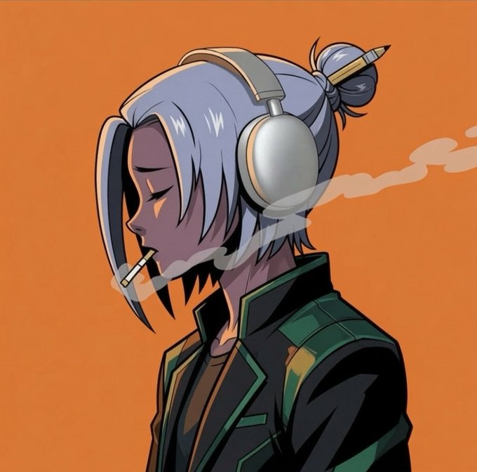 The image features a cartoon girl with long hair wearing headphones, smoking a cigarette while looking down at her phone. The caption reads "gm ct prediction hit Peak", which suggests that the image has been well-received or gained popularity due to its visual appeal or message.