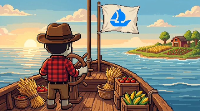 Pixel art of a farmer in a cowboy hat steering a boat with a sailboat logo, surrounded by crates and baskets of corn, tomatoes, and wheat, approaching a farm on an island.